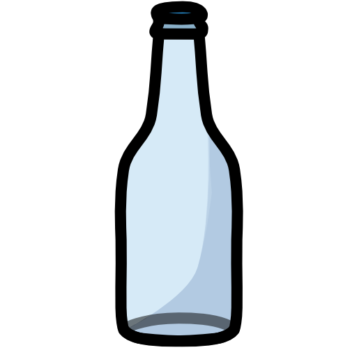 A clear glass bottle with a narrowing neck. The image has dark line art. 
